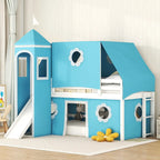 Cama alta con tobogán y ventana Castle House de madera maciza doble azul | Niños de 6 años en adelante