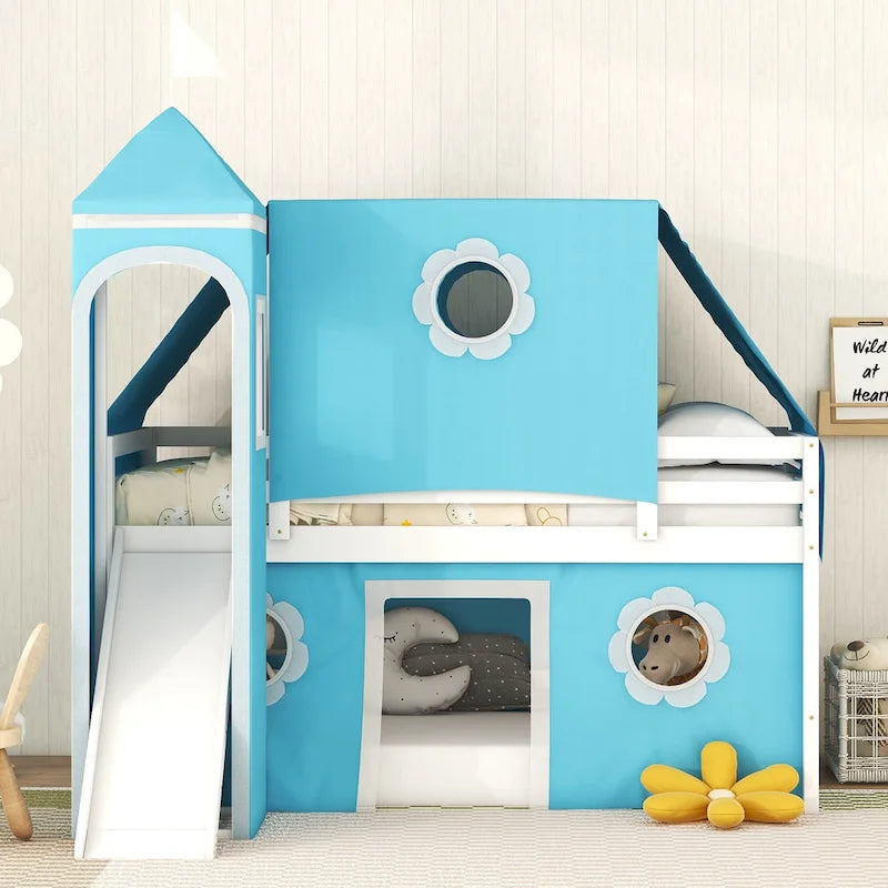 Cama alta con tobogán y ventana Castle House de madera maciza doble azul | Niños de 6 años en adelante