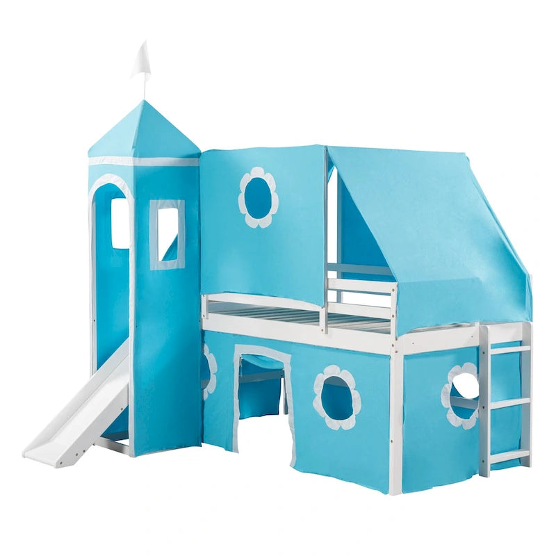 Cama alta con tobogán y ventana Castle House de madera maciza doble azul | Niños de 6 años en adelante