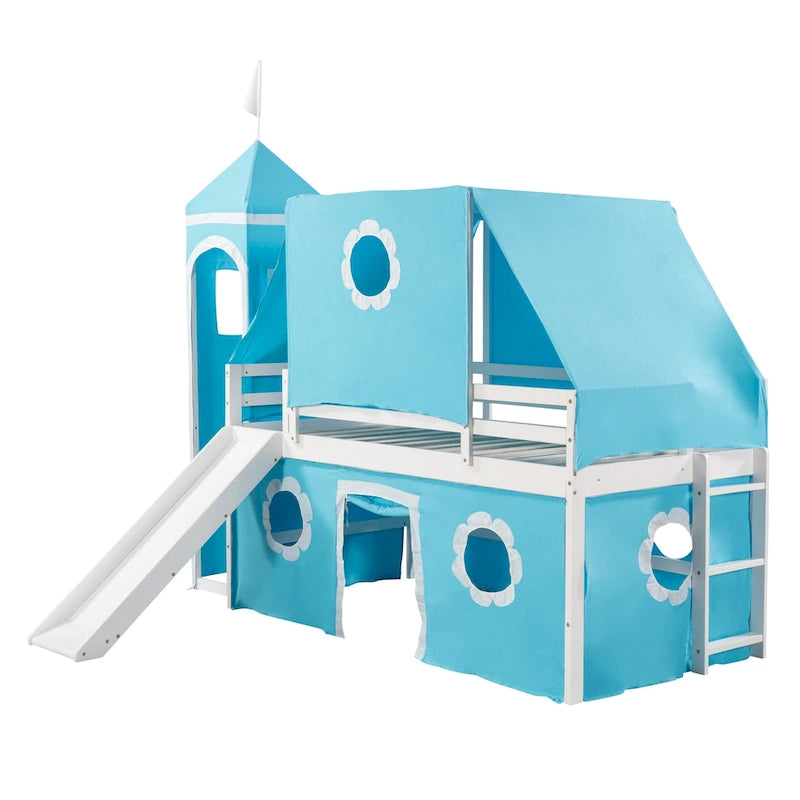 Cama alta con tobogán y ventana Castle House de madera maciza doble azul | Niños de 6 años en adelante
