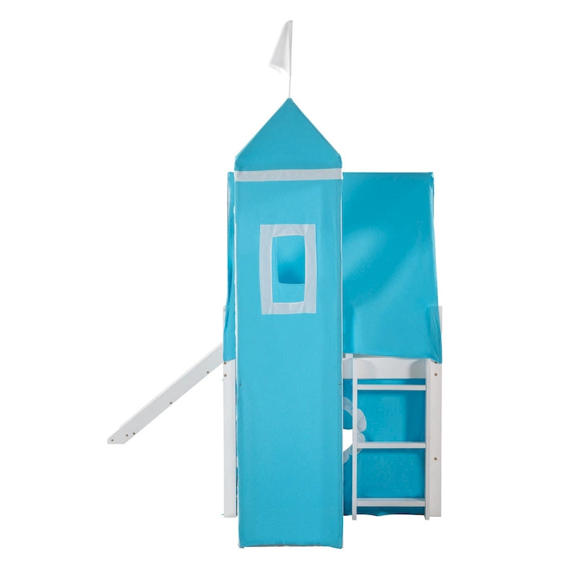 Cama alta con tobogán y ventana Castle House de madera maciza doble azul | Niños de 6 años en adelante