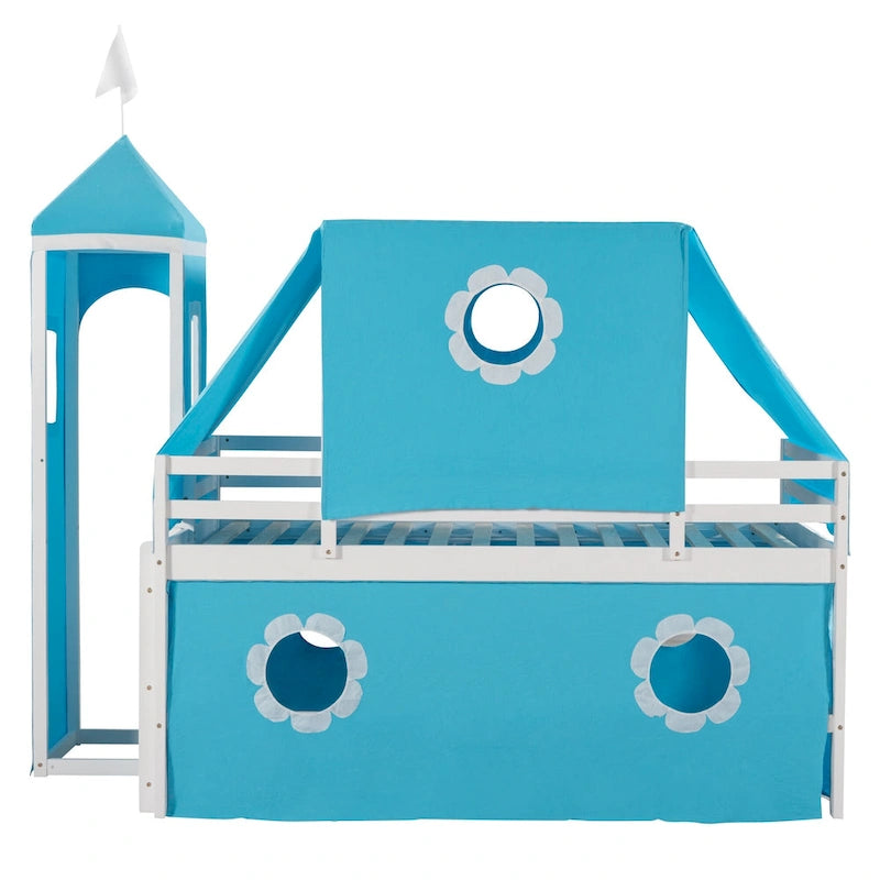 Cama alta con tobogán y ventana Castle House de madera maciza doble azul | Niños de 6 años en adelante