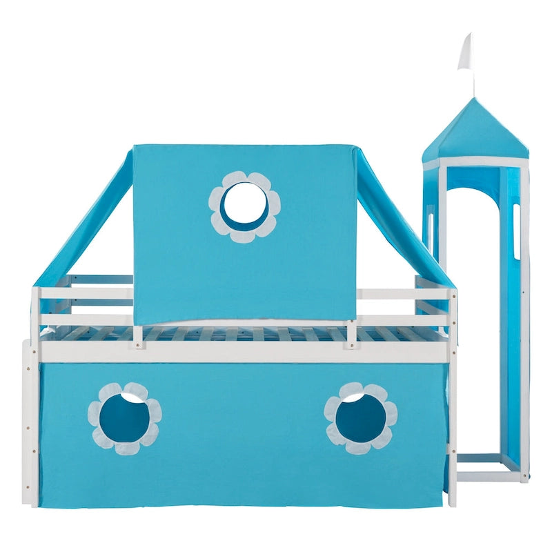 Cama alta con tobogán y ventana Castle House de madera maciza doble azul | Niños de 6 años en adelante