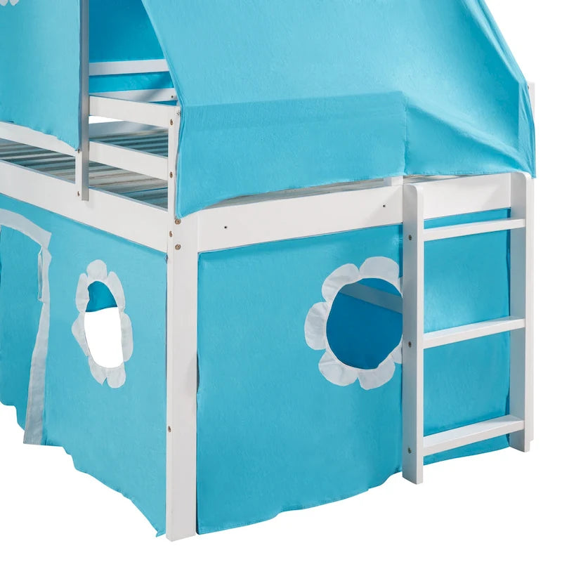 Cama alta con tobogán y ventana Castle House de madera maciza doble azul | Niños de 6 años en adelante