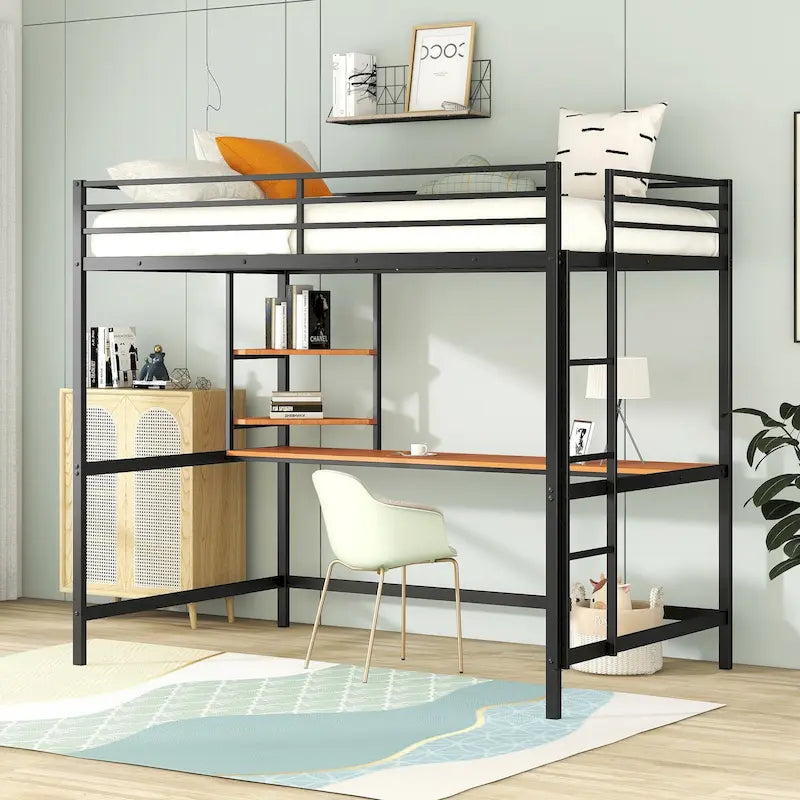 Cama alta de metal negra de tamaño completo con escritorio, escalera y estantes | Niños y adolescentes