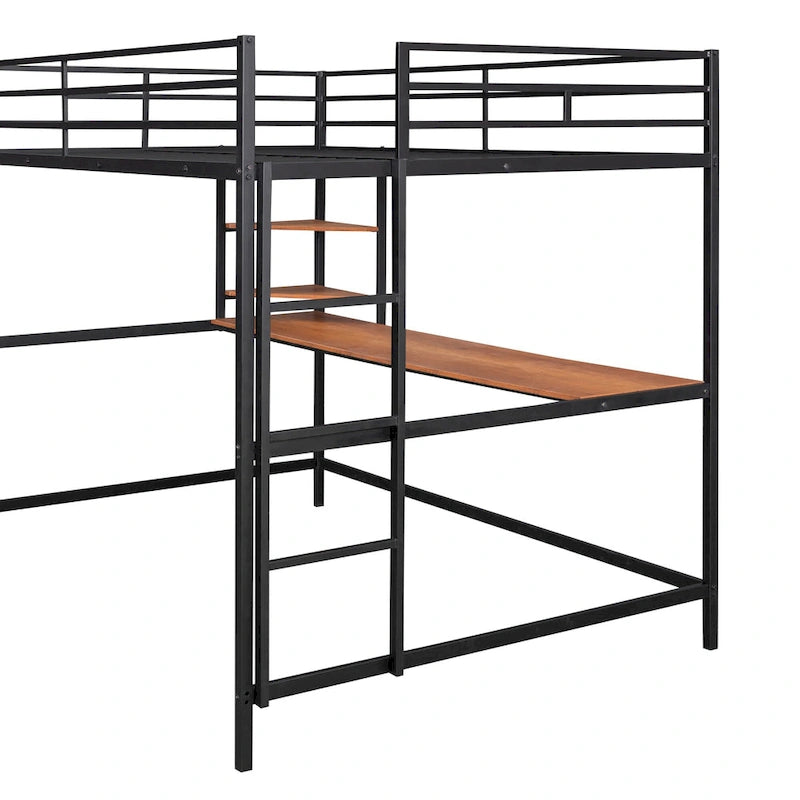 Cama alta de metal negra de tamaño completo con escritorio, escalera y estantes | Niños y adolescentes