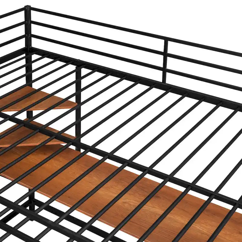 Cama alta de metal negra de tamaño completo con escritorio, escalera y estantes | Niños y adolescentes