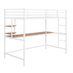 Cama alta de metal blanca tamaño twin con escritorio, escalera y estantes | Niños y adolescentes