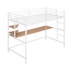 Cama alta de metal blanca tamaño twin con escritorio, escalera y estantes | Niños y adolescentes