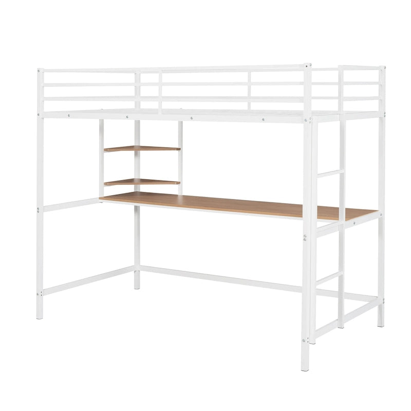 Cama alta de metal blanca tamaño twin con escritorio, escalera y estantes | Niños y adolescentes