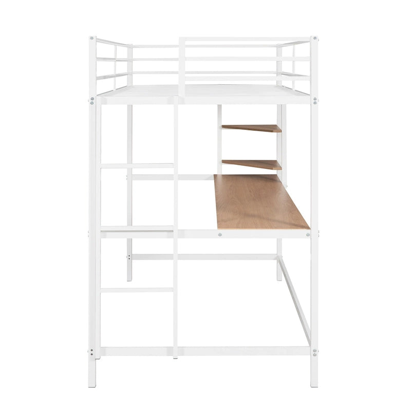 Cama alta de metal blanca tamaño twin con escritorio, escalera y estantes | Niños y adolescentes