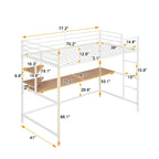Cama alta de metal blanca tamaño twin con escritorio, escalera y estantes | Niños y adolescentes