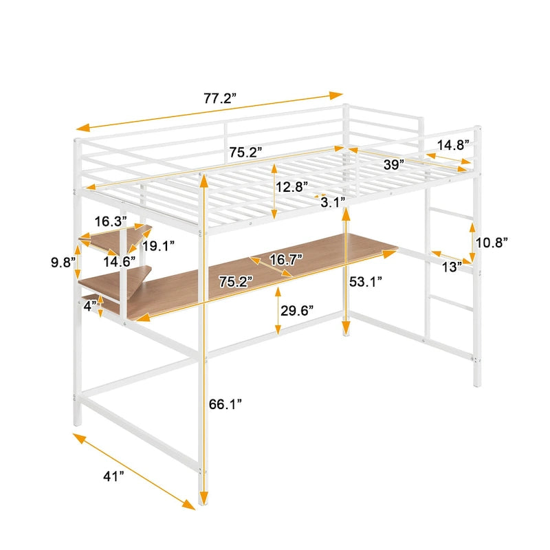Cama alta de metal blanca tamaño twin con escritorio, escalera y estantes | Niños y adolescentes