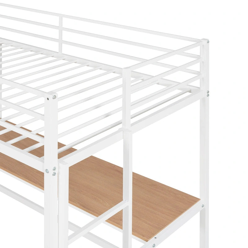 Cama alta de metal blanca tamaño twin con escritorio, escalera y estantes | Niños y adolescentes