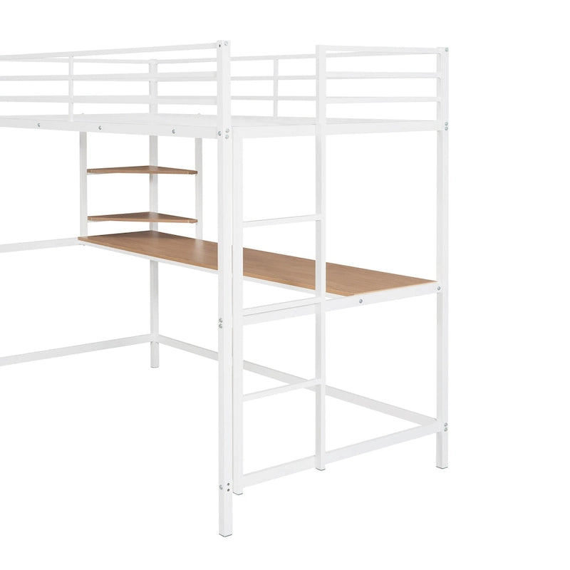 Cama alta de metal blanca tamaño twin con escritorio, escalera y estantes | Niños y adolescentes