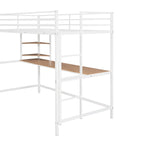 Cama alta de metal blanca tamaño twin con escritorio, escalera y estantes | Niños y adolescentes