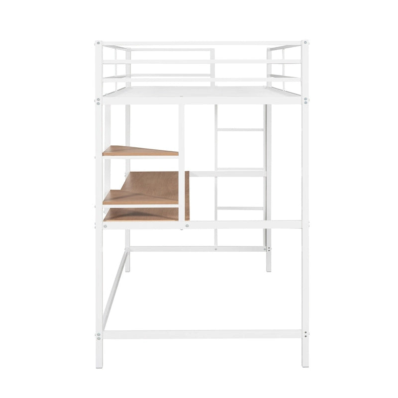 Cama alta de metal blanca tamaño twin con escritorio, escalera y estantes | Niños y adolescentes