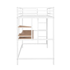 Cama alta de metal blanca tamaño twin con escritorio, escalera y estantes | Niños y adolescentes