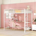 Cama alta de metal blanca de tamaño completo con escritorio, escalera y estantes | Niños y adolescentes