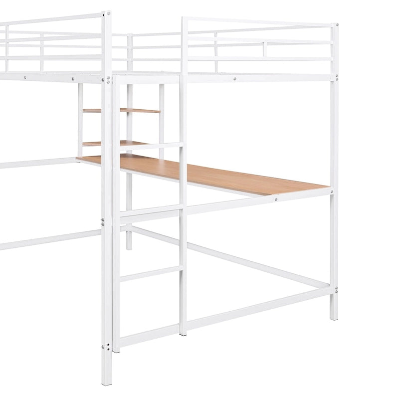 Cama alta de metal blanca de tamaño completo con escritorio, escalera y estantes | Niños y adolescentes