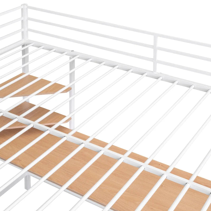 Cama alta de metal blanca de tamaño completo con escritorio, escalera y estantes | Niños y adolescentes
