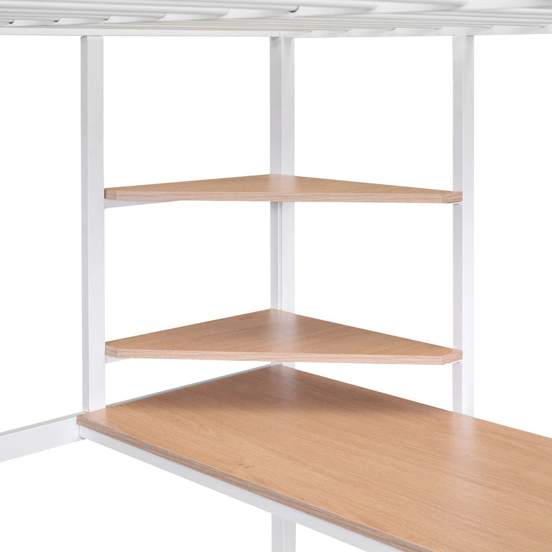 Cama alta de metal blanca de tamaño completo con escritorio, escalera y estantes | Niños y adolescentes