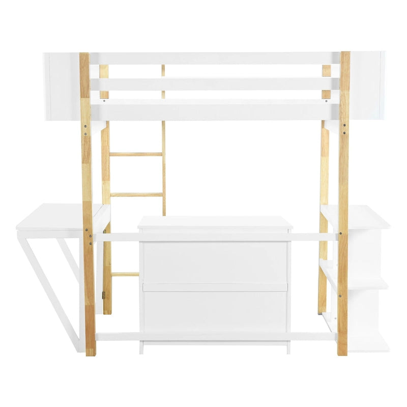 Cama alta blanca individual de madera maciza con armario de almacenamiento integrado y escritorio plegable