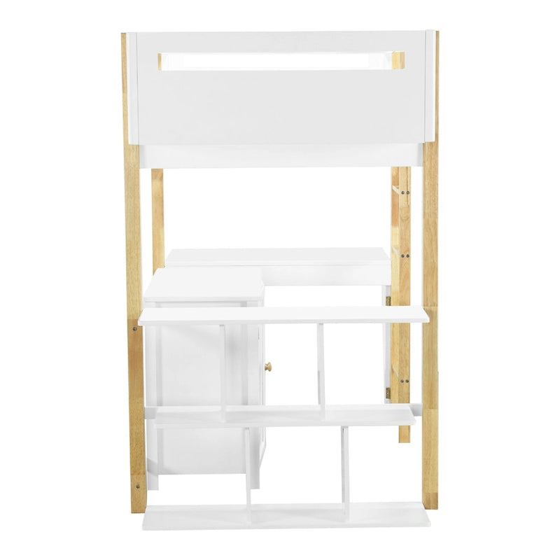 Cama alta blanca individual de madera maciza con armario de almacenamiento integrado y escritorio plegable