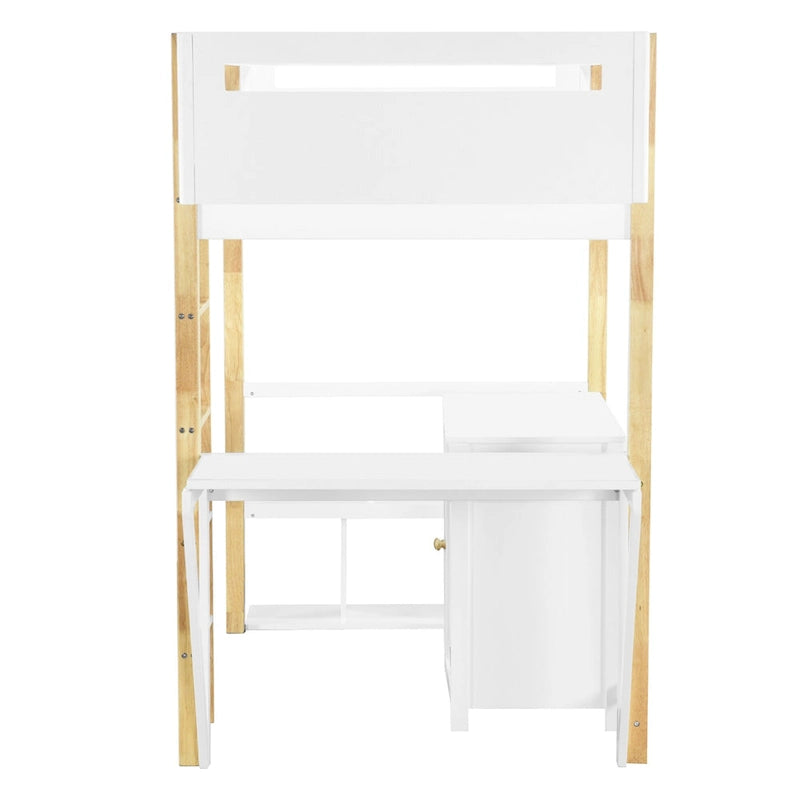 Cama alta blanca individual de madera maciza con armario de almacenamiento integrado y escritorio plegable