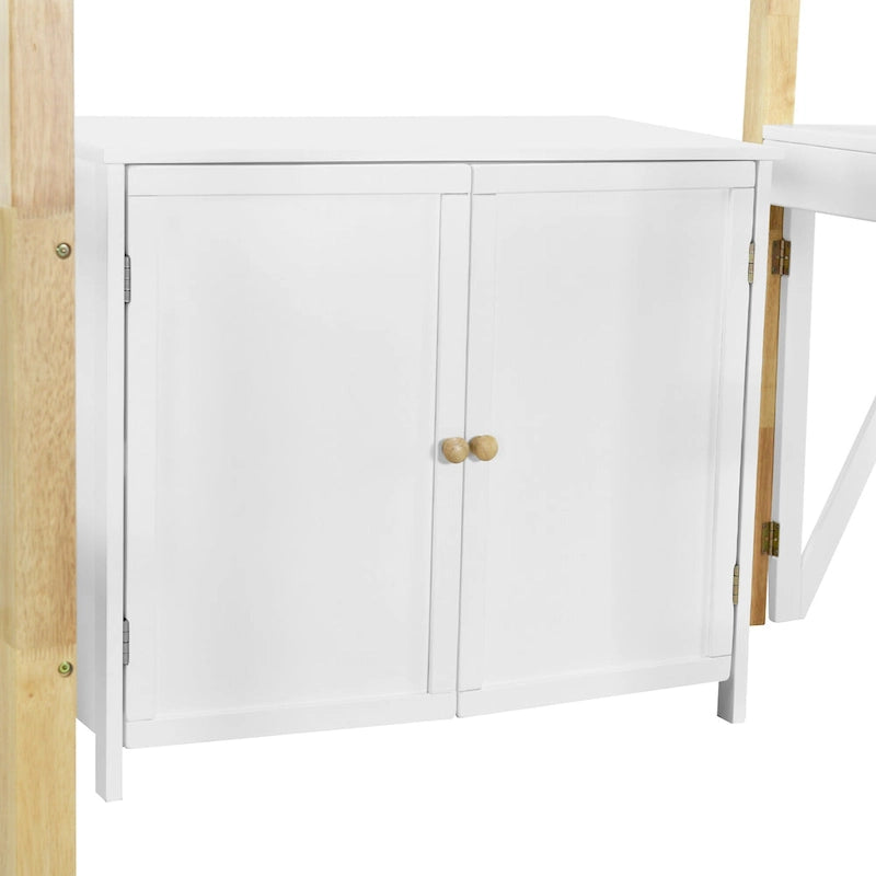 Cama alta blanca individual de madera maciza con armario de almacenamiento integrado y escritorio plegable