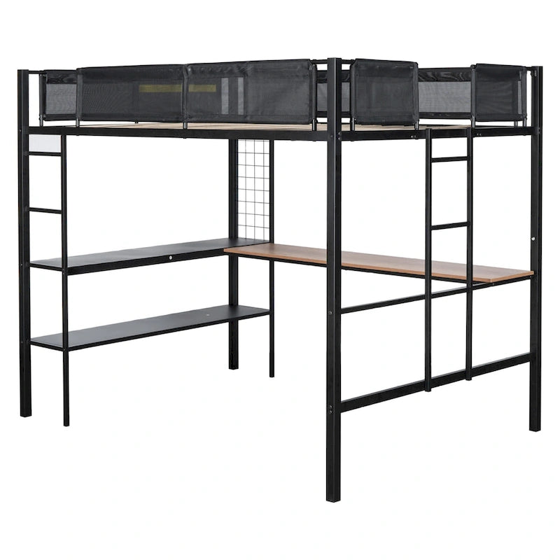 Cama alta de metal negra tamaño matrimonial con escritorio y estantes