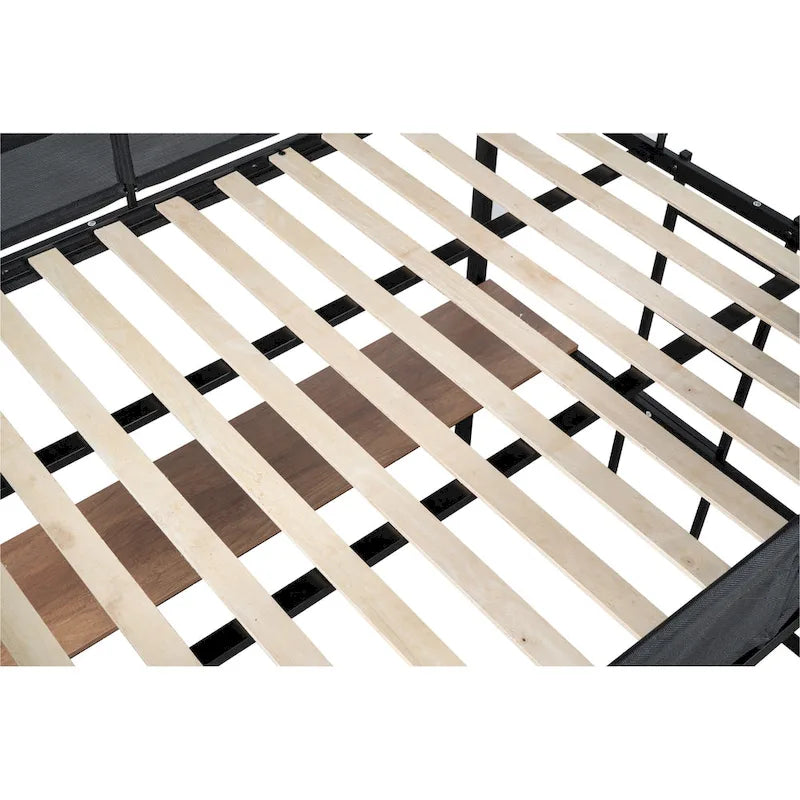 Cama alta de metal negra tamaño matrimonial con escritorio y estantes