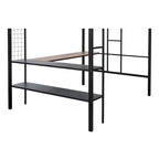 Cama alta de metal negra tamaño matrimonial con escritorio y estantes