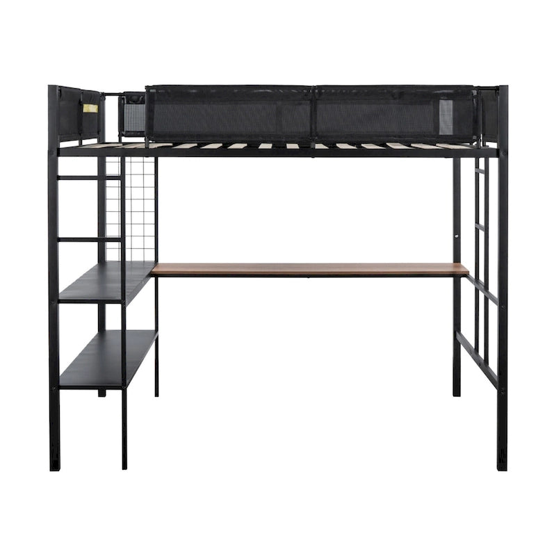 Cama alta de metal negra tamaño matrimonial con escritorio y estantes