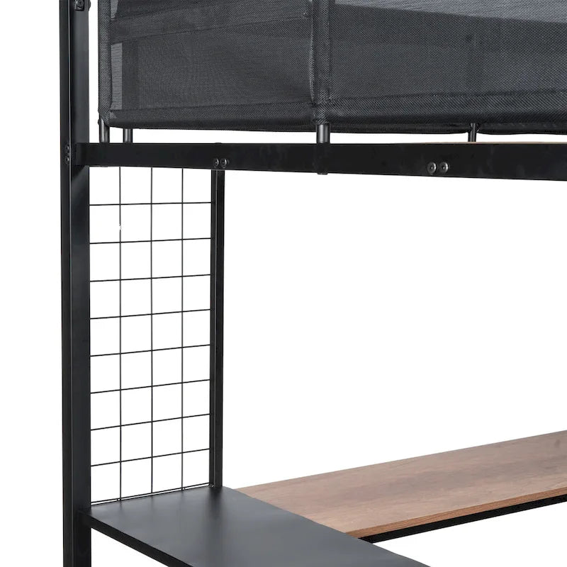 Cama alta de metal negra tamaño matrimonial con escritorio y estantes