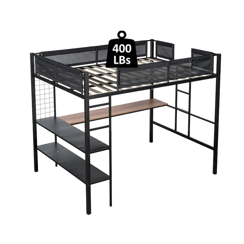 Cama alta de metal negra tamaño matrimonial con escritorio y estantes