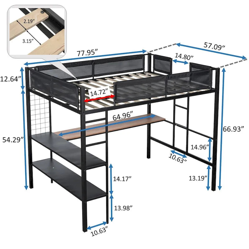 Cama alta de metal negra tamaño matrimonial con escritorio y estantes