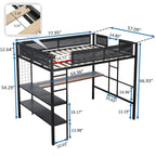 Cama alta de metal negra tamaño matrimonial con escritorio y estantes