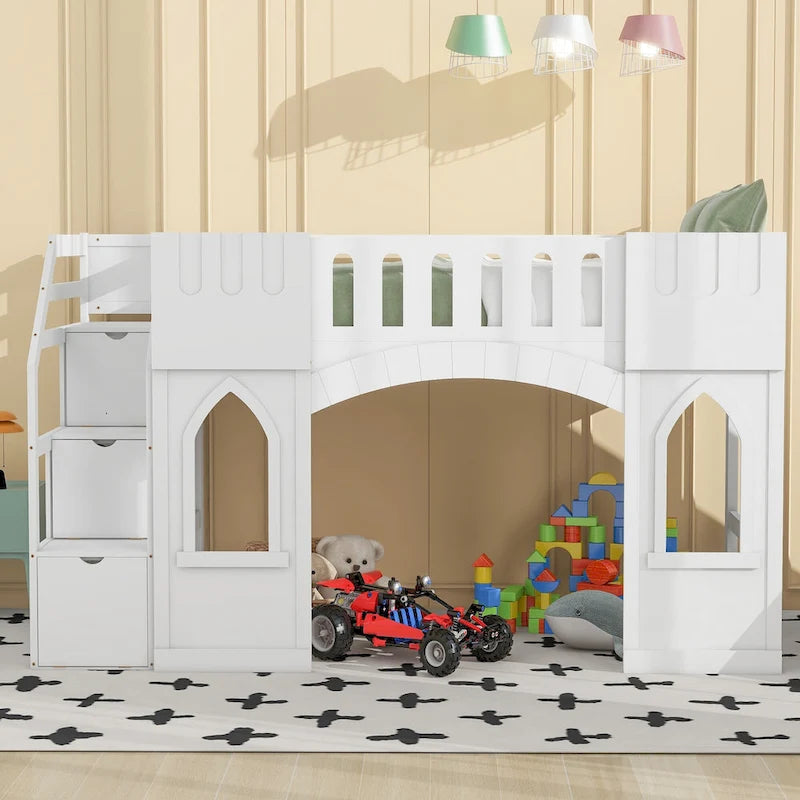 Cama Alta Infantil Blanca de Madera Maciza con Escalera de Almacenamiento y Ventana