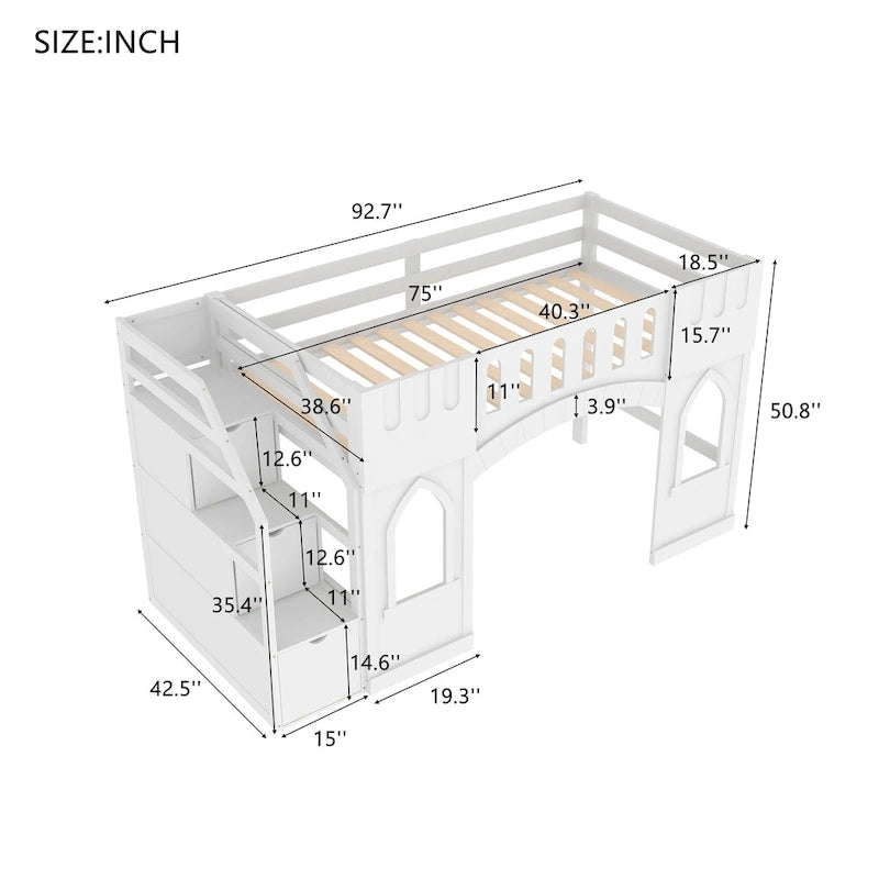 Cama Alta Infantil Blanca de Madera Maciza con Escalera de Almacenamiento y Ventana