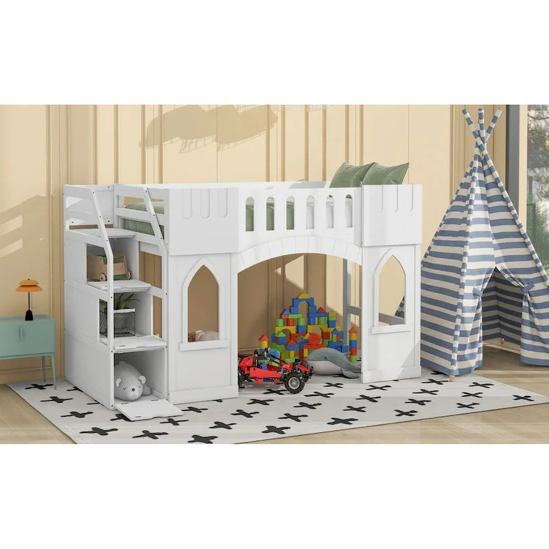 Cama Alta Infantil Blanca de Madera Maciza con Escalera de Almacenamiento y Ventana