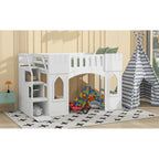 Cama Alta Infantil Blanca de Madera Maciza con Escalera de Almacenamiento y Ventana