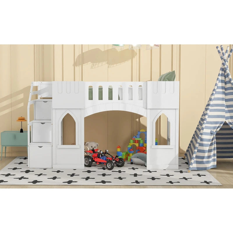 Cama Alta Infantil Blanca de Madera Maciza con Escalera de Almacenamiento y Ventana