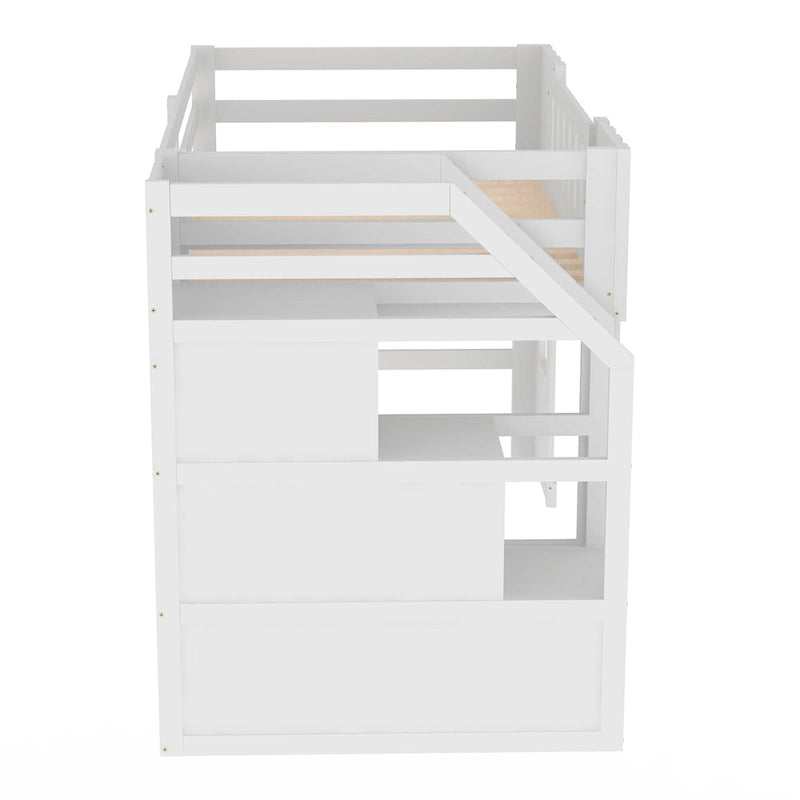Cama Alta Infantil Blanca de Madera Maciza con Escalera de Almacenamiento y Ventana