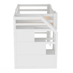 Cama Alta Infantil Blanca de Madera Maciza con Escalera de Almacenamiento y Ventana