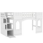 Cama Alta Infantil Blanca de Madera Maciza con Escalera de Almacenamiento y Ventana