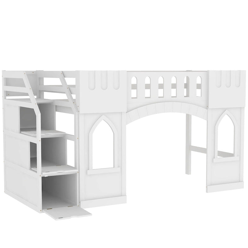Cama Alta Infantil Blanca de Madera Maciza con Escalera de Almacenamiento y Ventana