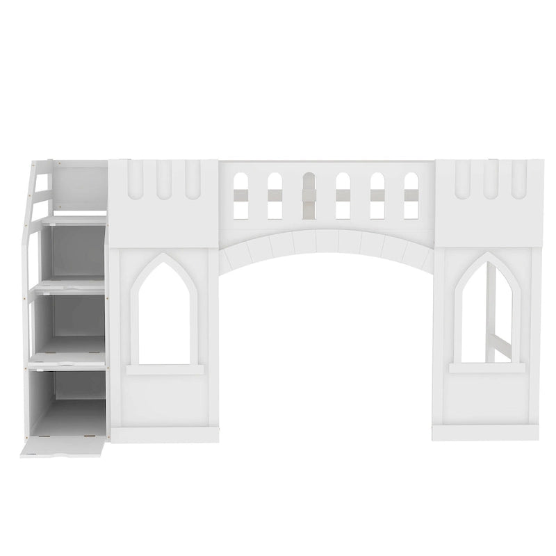 Cama Alta Infantil Blanca de Madera Maciza con Escalera de Almacenamiento y Ventana