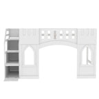Cama Alta Infantil Blanca de Madera Maciza con Escalera de Almacenamiento y Ventana