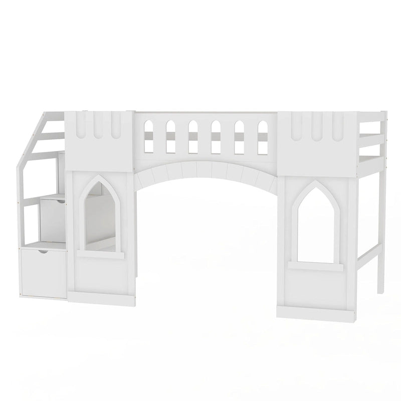 Cama Alta Infantil Blanca de Madera Maciza con Escalera de Almacenamiento y Ventana